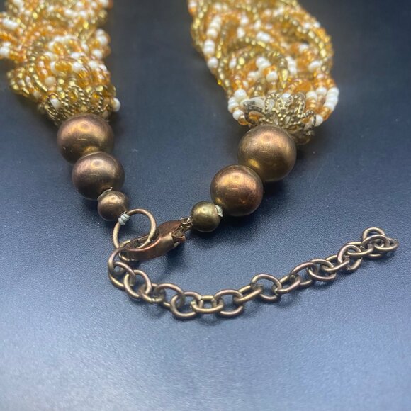 Handmade Braided Glass Seed Bead Necklace Gold Amber White Brass 19+3" Boho - Picture 5 of 7